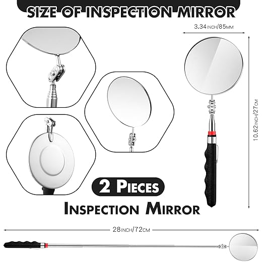 2 Pcs Telescoping Inspection Mirrors, Mechanics Mirror Tool with Long Handle, Round Extendable Mirror on a Stick for Technicians Mechanics Contractors Checking Observation(85mm,Black)
