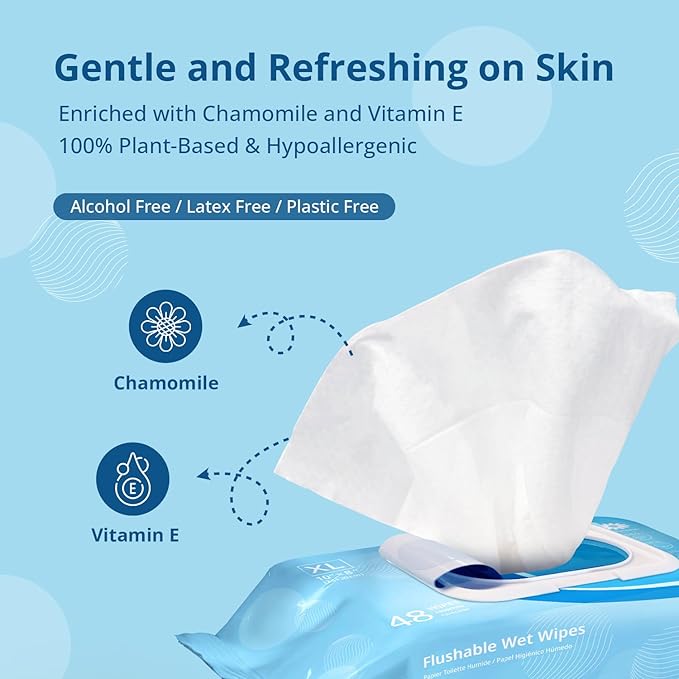 WhyWorry Flushable Wipes for Adults, Extra Large 8"x10" Butt Wipes for Toilet & Personal Cleansing, Chamomile and Vitamin E, 100% Plant-Based, Septic & Sewer Safe, Sea Incense, 144 Count (3 Packs)