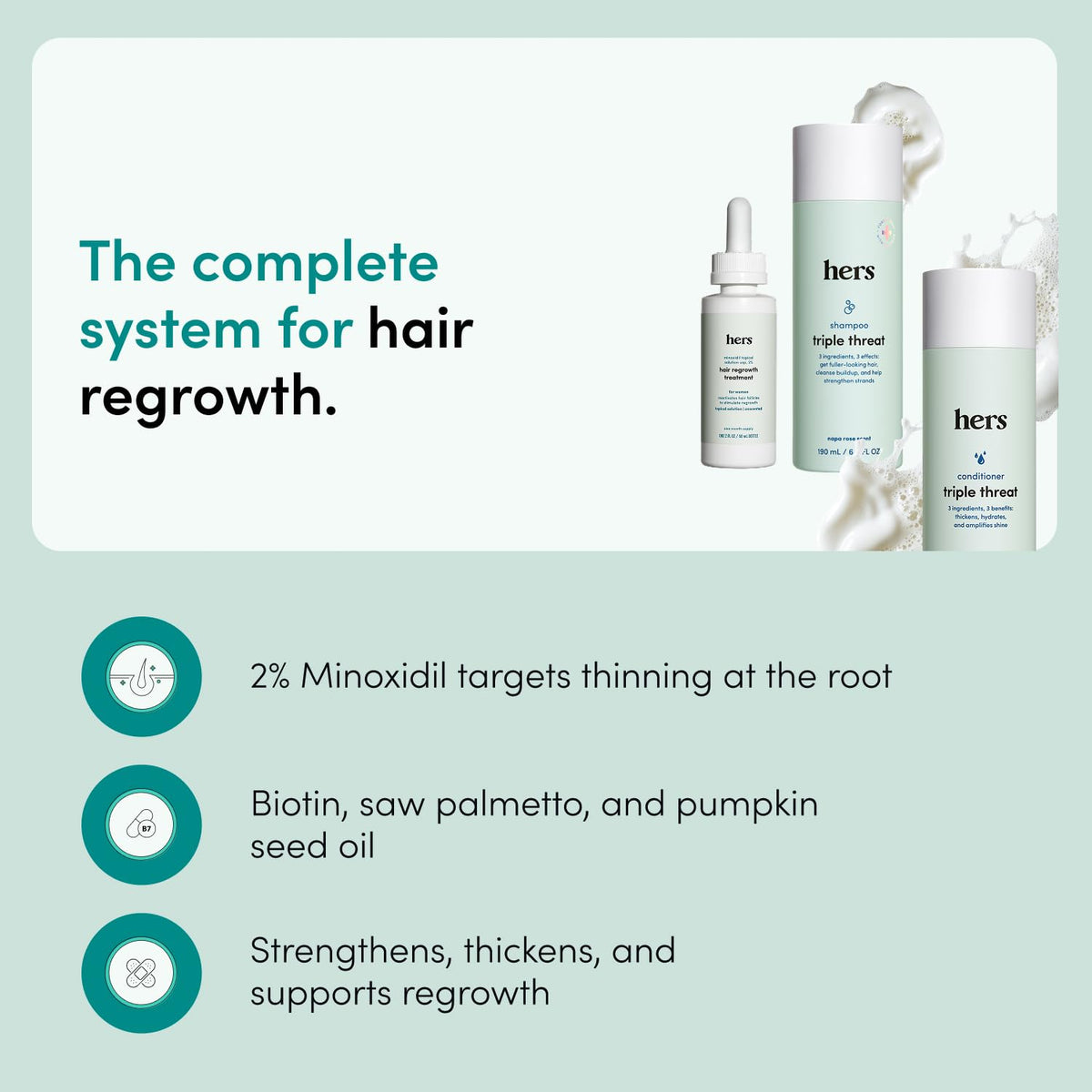 HIMS and HERS Triple Threat Shampoo - Conditioner and 2% Minoxidil Set - Biotin - Saw Palmetto and Pumpkin Seed Oil - Regrowth for Women - Color-Safe - Paraben-Free - Napa Rose - 3 Count - 6.4 Fl Oz