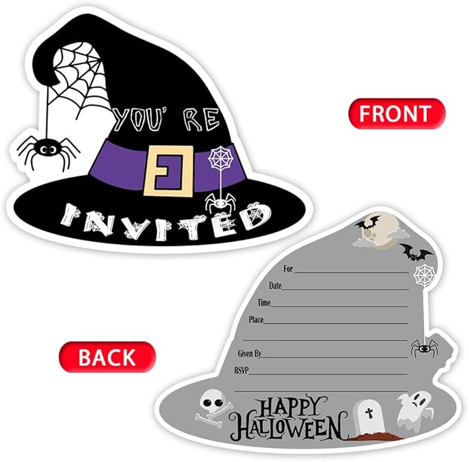 Haizct 15 Pack Halloween Hat Shaped Fill-In Invitations,Fall,Halloween,Monster,Costume Partyor Thanksgiving Party Invitation Cards with Envelopes For Kids or Adults Birthday(YXK049)