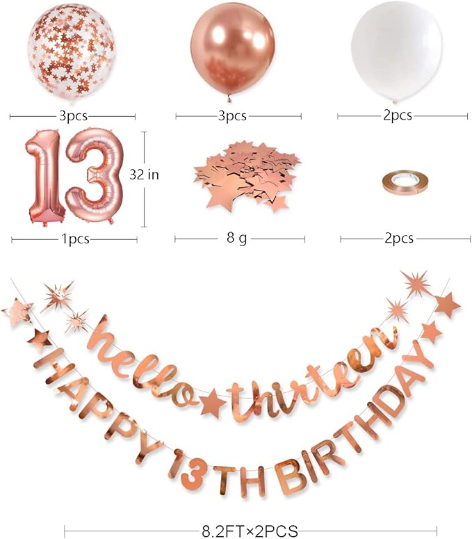 Rose Gold Hello Thirteen Happy 13th Birthday Banner Garland Foil Balloon 13 for 13 Birthday Decorations Official Teenager 13th Birthday Decor for Teen Girls 13 Year Old Birthday Party