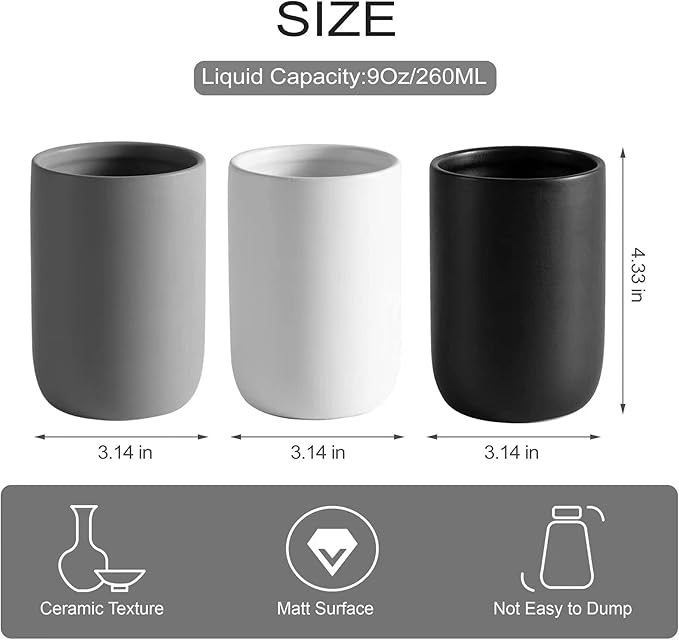 Ceramic Toothbrush Holders for Bathrooms, 8 oz Matte Tooth Brushing Dispenser, Small Tooth Brush Organizer for Vanity Countertop, Toothpaste Storage Stand, Tumbler Cup for Makeup Brushes-Black
