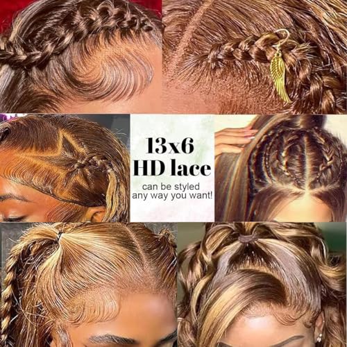SFD Ombre Lace Front Wig Human Hair 220% Density Blond Highlighted Wig Human Hair 13x6 Brown Highlighted Body Wave 4/27 Highlight Lace Front Wigs Pre Plucked 30inch