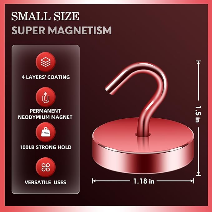 Neosmuk Magnetic Hooks, Cruise Ship Essentials, 100lb+ Heavy Duty Magnetic Hooks for Cruise Cabins, Refrigerator, Grill, Hanging, and Travel | Extra Strong Must-Haves Magnet Hook,Red
