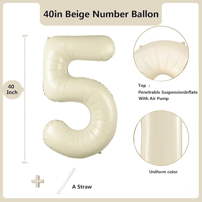 40 inch Cream White Number Balloon Giant Foil Helium Balloons Beige Number 5 Balloon for 5th Birthday Party Anniversary Decorations Supplies