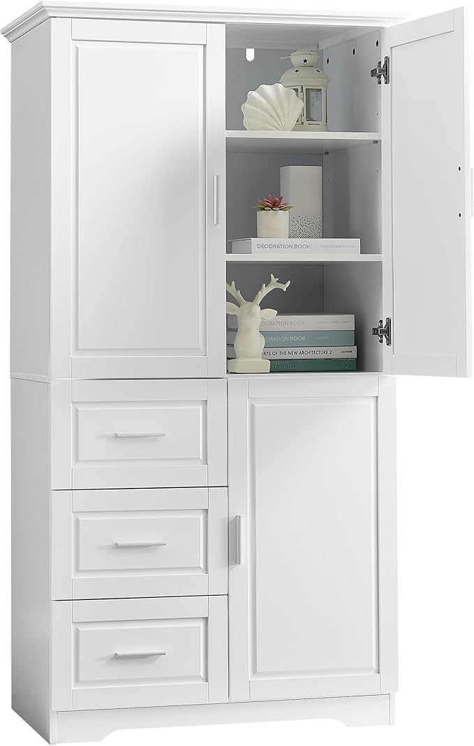Merax Storage Cabinet with Three Drawers and Doors, Wide Pantry Cupboard for Kitchen, Living Room and Bathroom, Adjustable Shelf, White