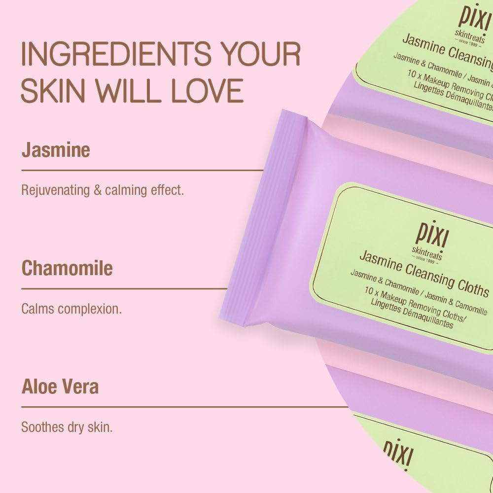 Pixi Beauty Jasmine Cleansing Cloths Mini |Cleansing, Smoothing, and Hydrating Disposable Face Towelettes| Pack of 10 Face Wipes