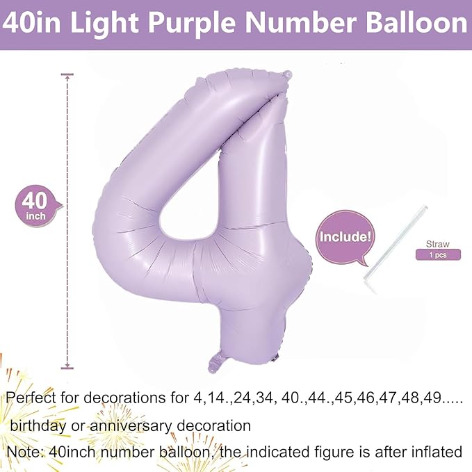 40 Inch Purple Number Balloons Light Purple 4 Balloon Matte Purple Birthday Balloons 0-9 Birthday Wedding Party digital Decorations (Number 4)