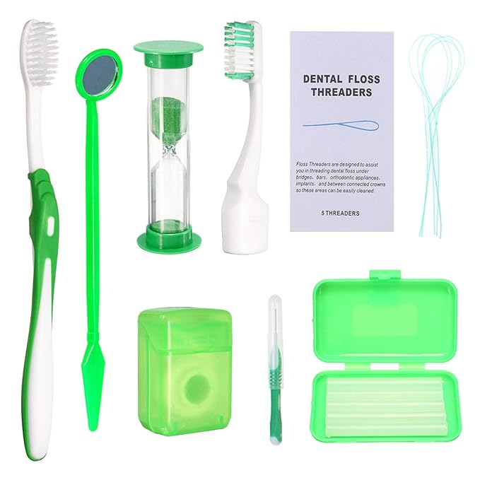 Braces Cleaning Kit for Teeth, Portable Orthodontic Toothbrush Kit Oral Care Dental Travel Kit - Interdental Brush Dental Wax Dental Floss Toothbrush Box (Green)