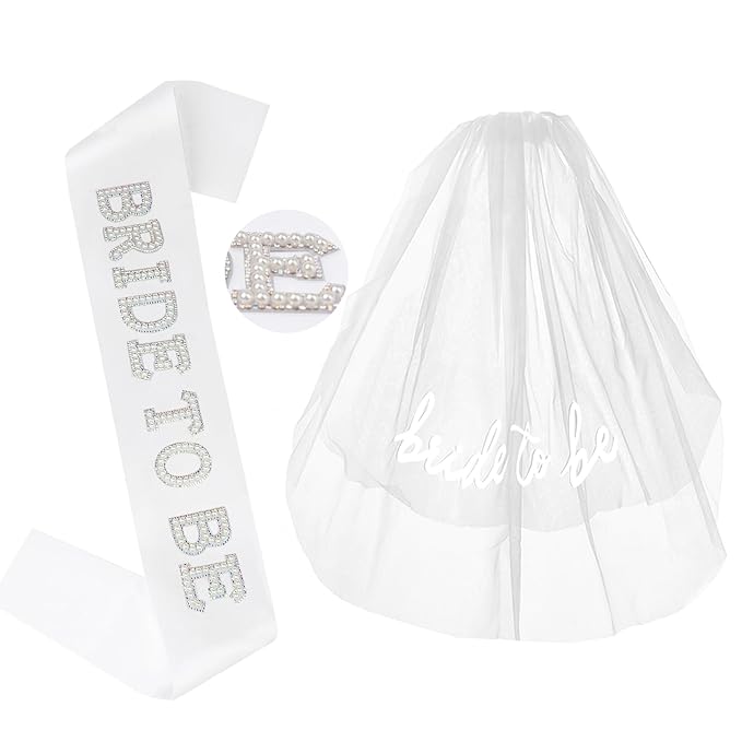Bride To Be Sash Bridal Veil White for Bachelorette Party Decorations, Short Veil with Comb Pearl Satin Sash Set Bridal Shower Favors Gifts for Engagement Supply Bach Party Wedding Accessories