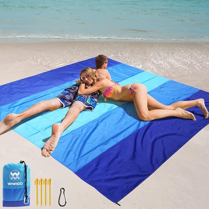 WIWIGO Beach Blanket Waterproof Sandproof Beach Mat 79" X 83"/10'x9'for 2-8 Adults Quick Drying Outdoor Picnic Mat Beach Accessories for Travel, Camping, Hiking