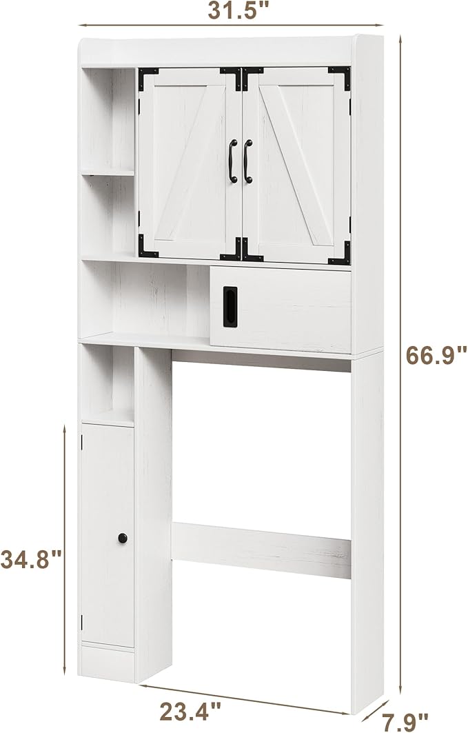 ChooChoo Over The Toilet Storage Cabinet, Farmhouse Bathroom Shelf Over Toilet with Adjustable Shelves, Above Toilet Storage Cabinet with Sliding Door for Bathroom, Laundry Room, White