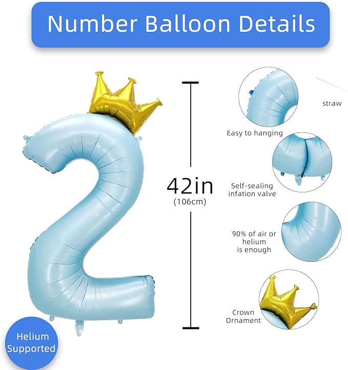 AULE 40 Inch Big Light Blue 2 Balloon Number with Crown Large Foil Helium Number Balloons 0-9 Jumbo Giant Happy 2nd Birthday Party Decorations Huge Mylar Anniversary Party Supplies