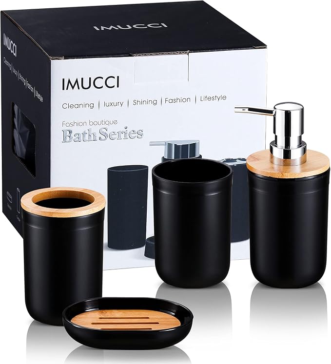 iMucci Bathroom Accessories Set 5Piece Black Bathroom Sets, Toothbrush Holder, Toothbrush Cup, Lotion Soap Dispenser, Soap Dish and Qtip Holder Bathroom Decor