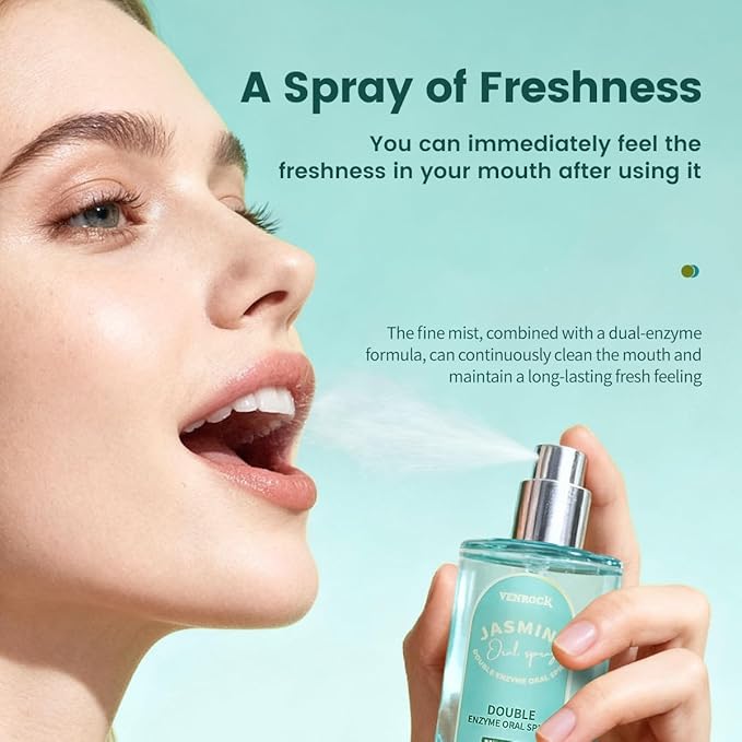 Venrock Double Enzyme Oral Spray Long-Lasting Freshness, Alcohol-Free Oral Spray for Breath Care, Jasmine Dragon Well Tea Flavor, Travel-Sized Breath Spray with Papain & Lysozyme, 30ml/1.01 Fl Oz