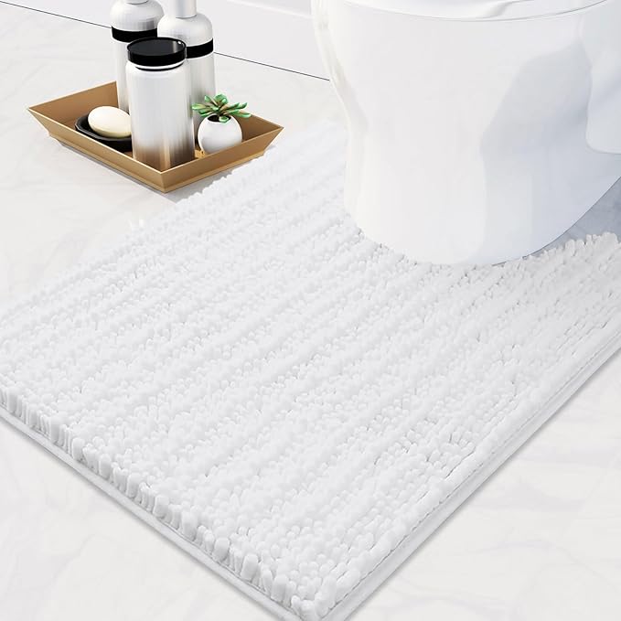 Arotive Luxury Chenille Toilet Rugs U-Shaped, Extra Soft Thick Absorbent Bathroom Mat, Non-Slip Shaggy Plush Contour Rugs, Machine Wash Dry Bath Mat for Toilet Base, 24x20, White