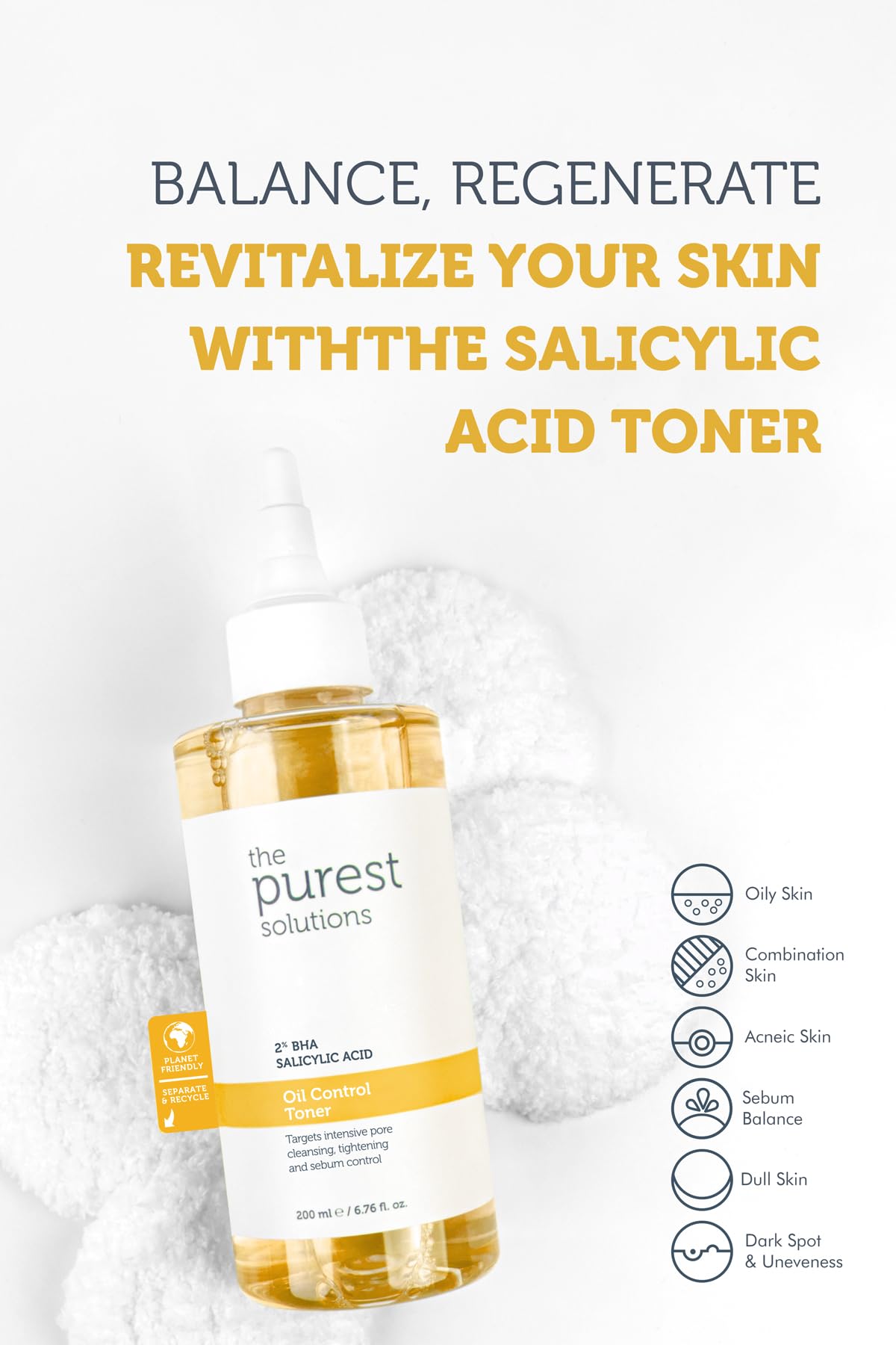 The Purest Solutions Oil Control Toner (2% BHA Salicylic Acid) - Oily, Pore Balancing Toner for Acne & Scarred Skin - Blackhead Targeted Formula - Vegan | Cruelty Free | Eco Friendly (6.76 fl. oz)