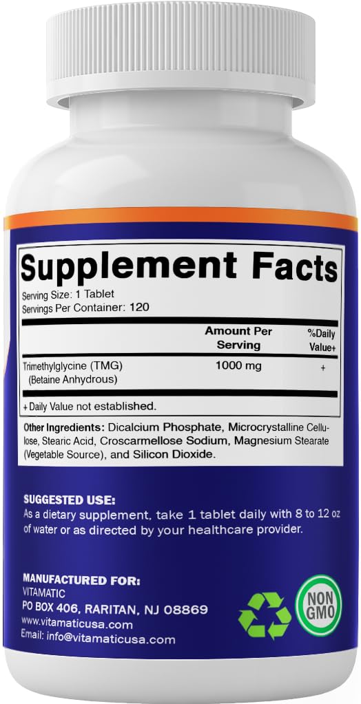Vitamatic TMG Supplements 1000mg - Trimethylglycine - Betaine Anhydrous - 120 Tablets - 120 Servings - Non-GMO & Gluten Free (3 Bottles)