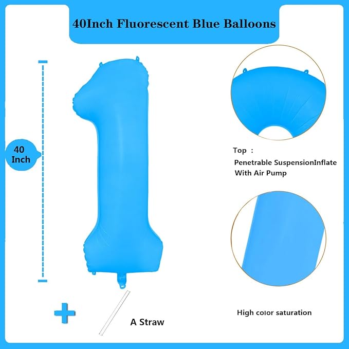 Fluorescent Blue Number Balloon 40 inch Giant Foil Helium Balloons Blue Number 1 Balloon for 1st Birthday Party Decorations