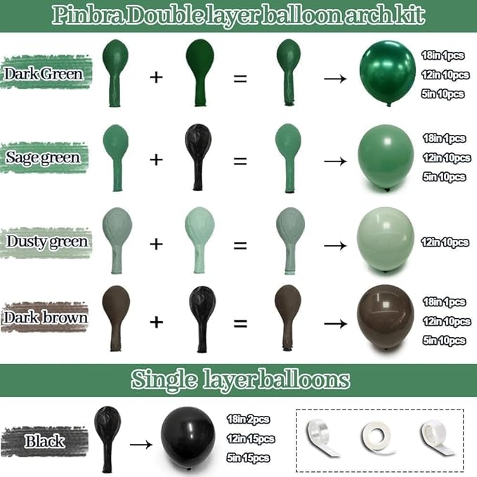 Green Black Brown Balloons Double Stuffed Pearl Dark Emerald Green Brown Balloon Arch Kit Sage Balloon Garland for Camo Birthday Baby Shower Camping Safari Jungle Army Party Decorations