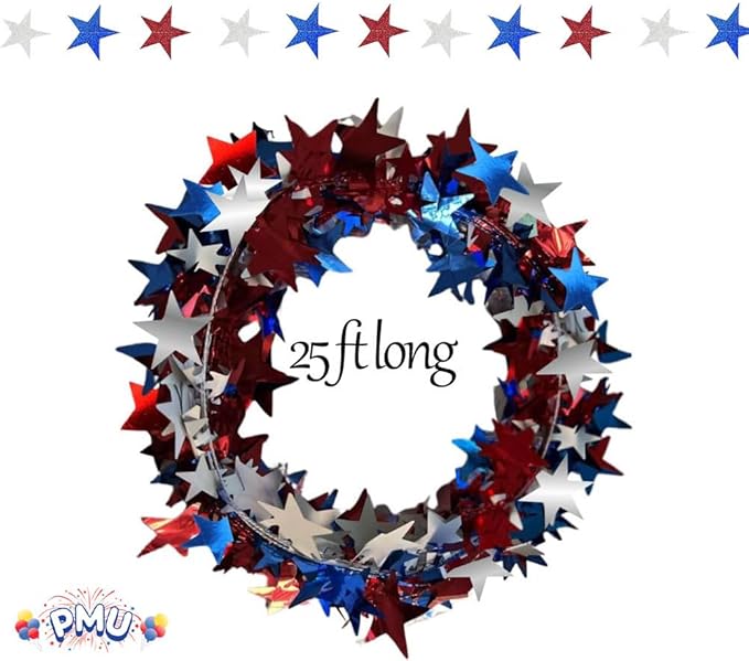 PMU 300 Ft Patriotic Star Garlands with Wire, Shiny Metallic Garland for 4th of July, National Day, Independence Day, Red, White and Blue (12pc-25Ft Each)