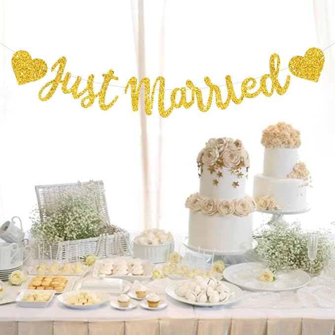 BEISHIDA Gold Just Married Banner - NO DIY, Glitter Wedding Party Banner,Just Married Signs, Bachelorette/Bridal Garland,Engagement Party Decor Supplies, Wedding Reception Party Decorations.