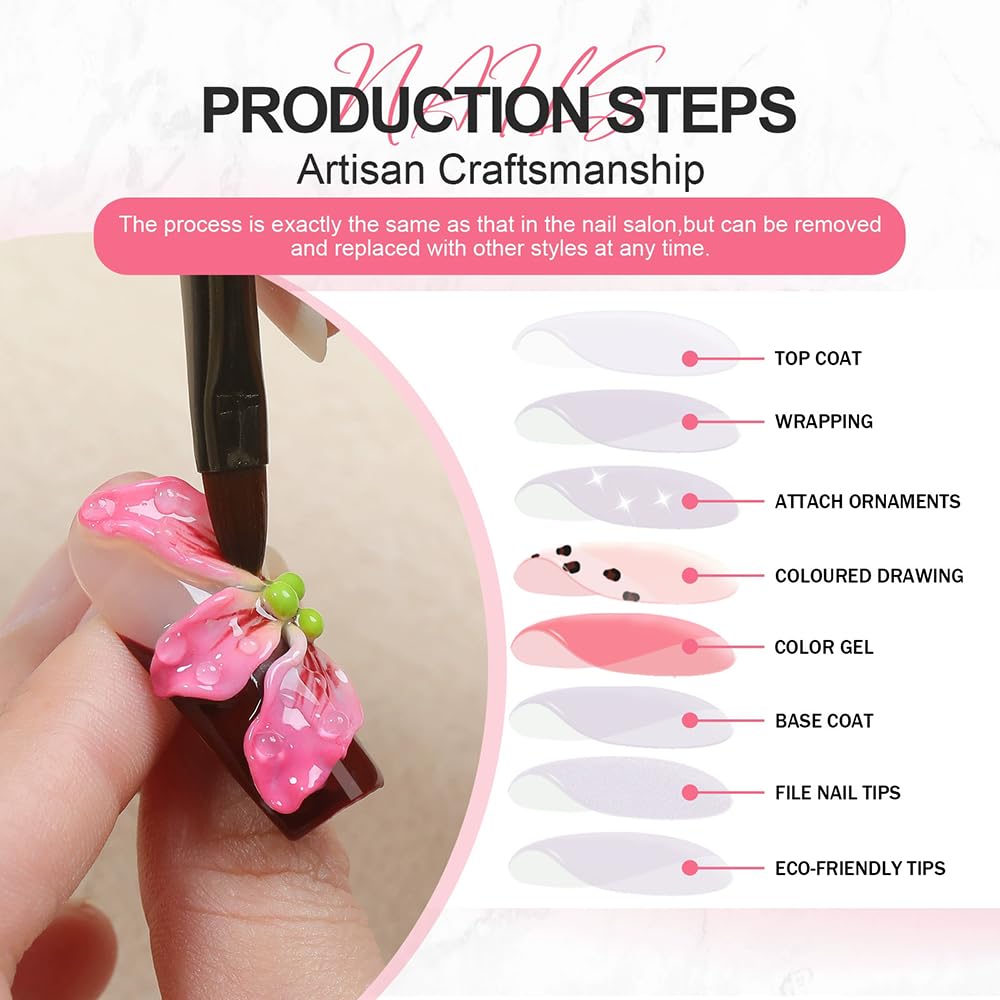 Handmade Press on Nails Almond Medium Fake Nails with 3D Flower Designs Glossy Brown Cute Fall Acrylic Nails for Women 10pcs(Size M）