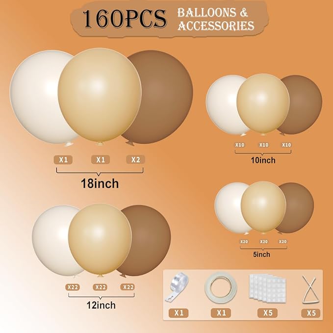 Boho Balloon Garland Arch Kit, 160Pcs Dark Brown White Sand and Nude Balloons for Birthday Bridal Baby Shower Gender Reveal Wedding Retirement Party Decorations