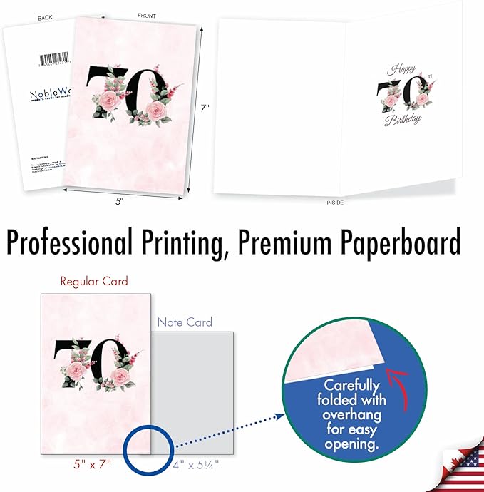 NobleWorks - 70th Milestone Birthday Paper Card with 5 x 7 Inch Envelope (1 Card) Floral Age 70 C8259MBG