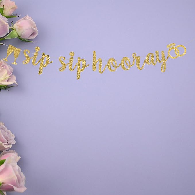 Pre-Strung Sip Sip Hooray Gold Glitter Banner - Bachelorette Wedding Bridal Shower Birthday Party Decor