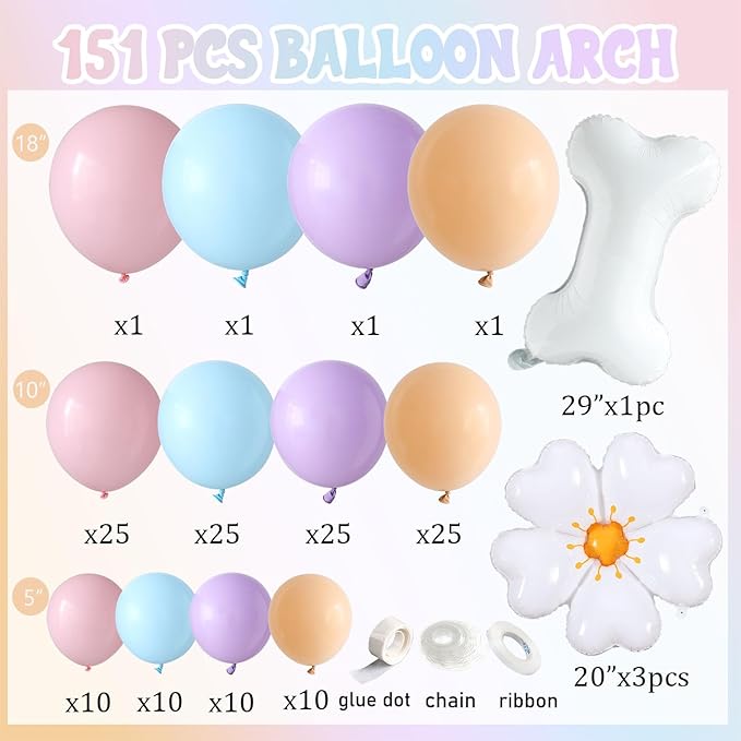 Blue Balloon Garland Arch Kit with Bone & Daisy Flower Foil Balloons,151 Pcs Pastel Pink Blue Purple Blush Balloons for Dog Paw Birthday Decorations Blue Puppy Themed Baby Shower Party Supplies