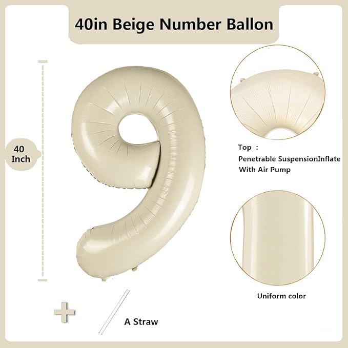 40 inch Cream White Number Balloon Giant Foil Helium Balloons Beige Number 9 Balloon for 9th Birthday Party Anniversary Decorations Supplies
