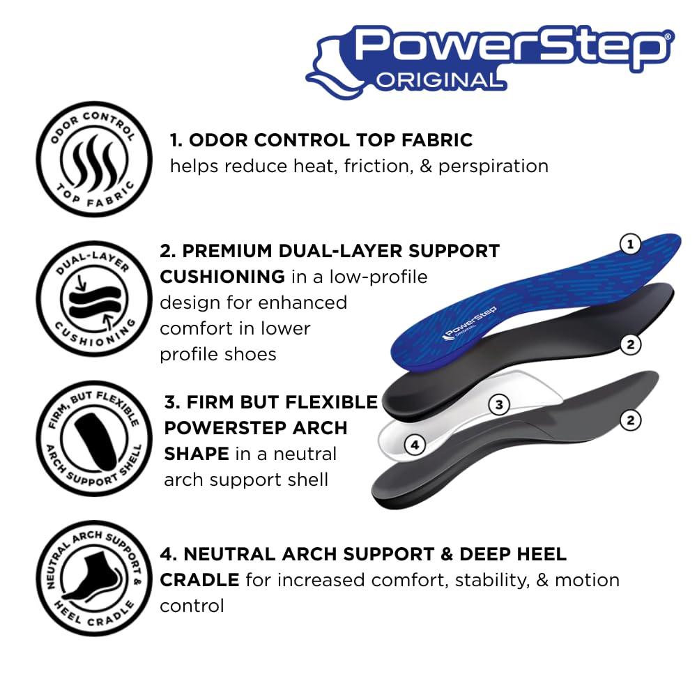 PowerStep Original Insoles, Arch Pain Relief Orthotics, Tight Shoes, Foot Support for Plantar Fasciitis, Mild Pronation, Foot & Arch Support Inserts, Shoe Inserts, Made in the USA (M 7-7.5, F 9-9.5)