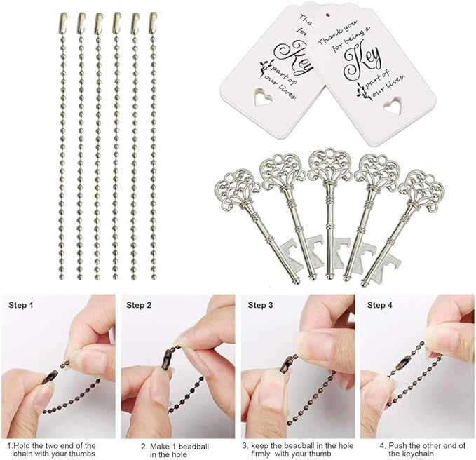 WODEGIFT 100 PCS Wedding Favors Bottle Opener,Wedding Gifts for Guest Vintage Skeleton Key Opener,Key Openers with Escort Tag Cards and Chains (Silver)