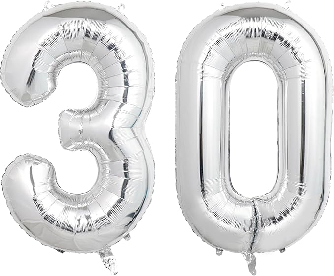 Number Balloons Silver Party Balloon - Giant Number 30 Balloon, 40 Inch Large Balloon for 30th Birthday Decorations, Silver Party Supplies for Anniversary