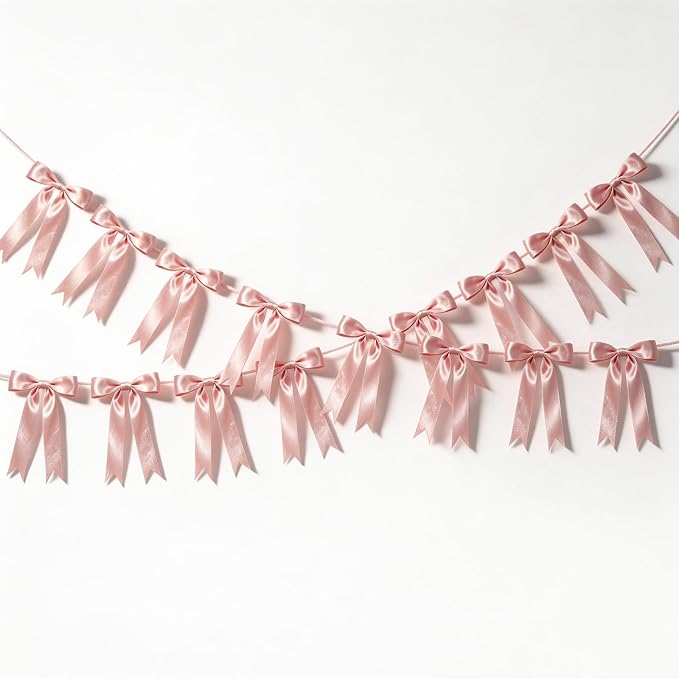 2 Strings Dusty Pink Bow Garland Banner Decorations, 16Pcs Pre-Strung Satin Ribbon with 6.7ft Chain for Girls Ribbon Bow Banner Coquette Room Birthday Baby Shower Bachelorette Wedding Party Decor