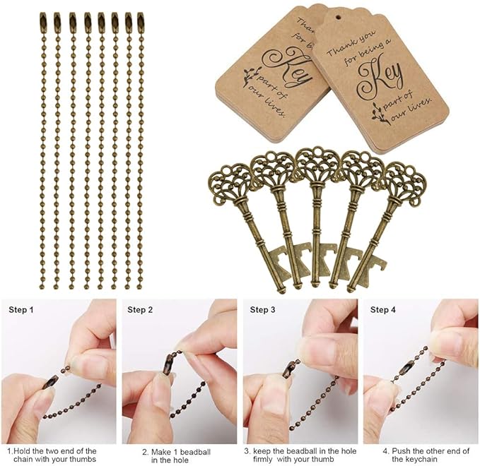 WODEGIFT 100 PCS Key Bottle Openers,Vintage Skeleton Key Bottle Opener with Escort Card Tag and Key Chains, Rustic Decoration for Wedding Favors,Return Gifts for Housewarming(Bronze)