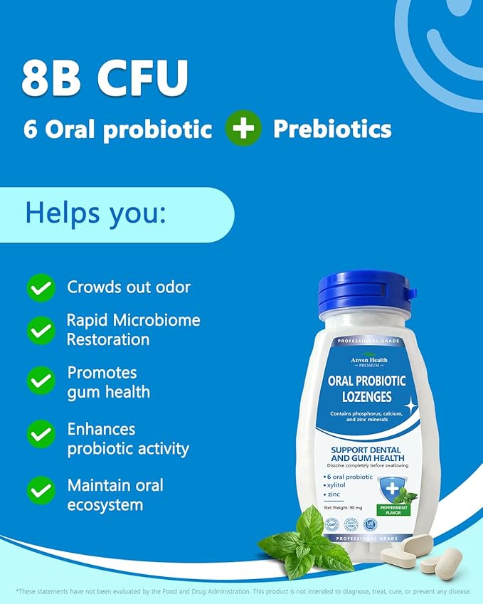 Oral Probiotics Lozenges for Mouth Bad Breath & Gum Repair - Mineral Fusion with Zinc + Calcium for Dry Mouth Relief, Enamel Shield, Mint Flavor with Xylitol - 90 Lozenges, Sugar-free
