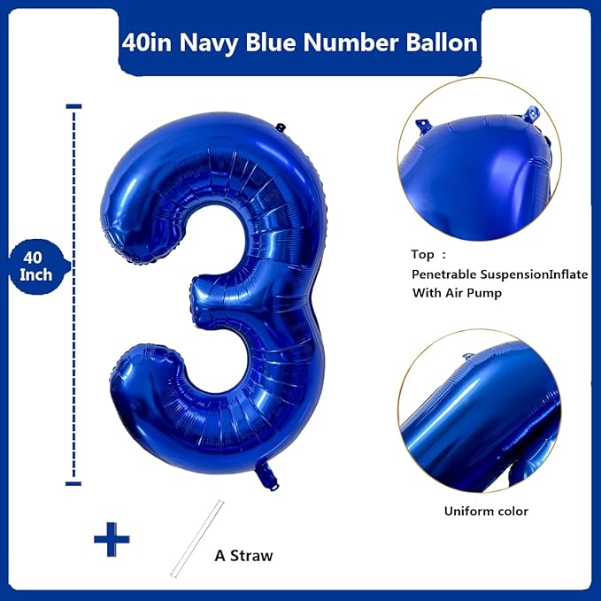 40 inch Navy Blue Number Balloon Dark Blue 3 Balloons Giant Foil Helium Balloons Blue Number 3 Balloon for 3rd Birthday Party Decorations