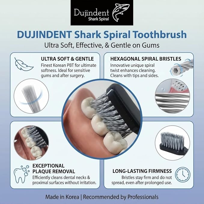 Toothbrush [Made in Korea] Shark Spiral Extra Soft Toothbrush for Plaque Removal, Gentle on Gums, Implant (8 Packs)