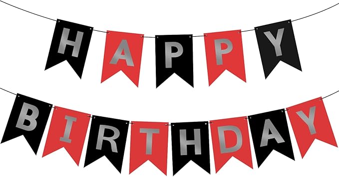 Hooqict Happy Birthday Banner Red Silver Black Happy Birthday Decorations for Kids Men Women Black Party Banner Decorations Supplies Wall Door Garland Sign Bunting Flag