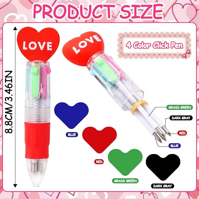 24PCS Valentines Fun Pens 0.7mm Cute Animal Multicolor Ballpoint Pens Retractable 4 Colors in One Valentines Stationery Party Favors School Supplies Students Rewards