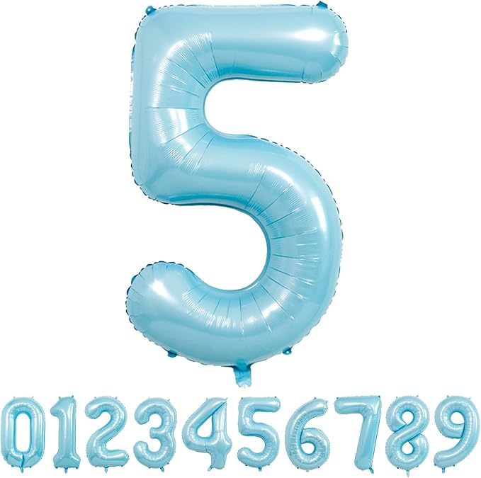 40 Inch light blue Number Balloons, Helium Mylar Foil Number Balloons for Birthdays, Number 5 Balloon for Party Decorations, Birthday Decorations, Wedding, Boy Baby Shower