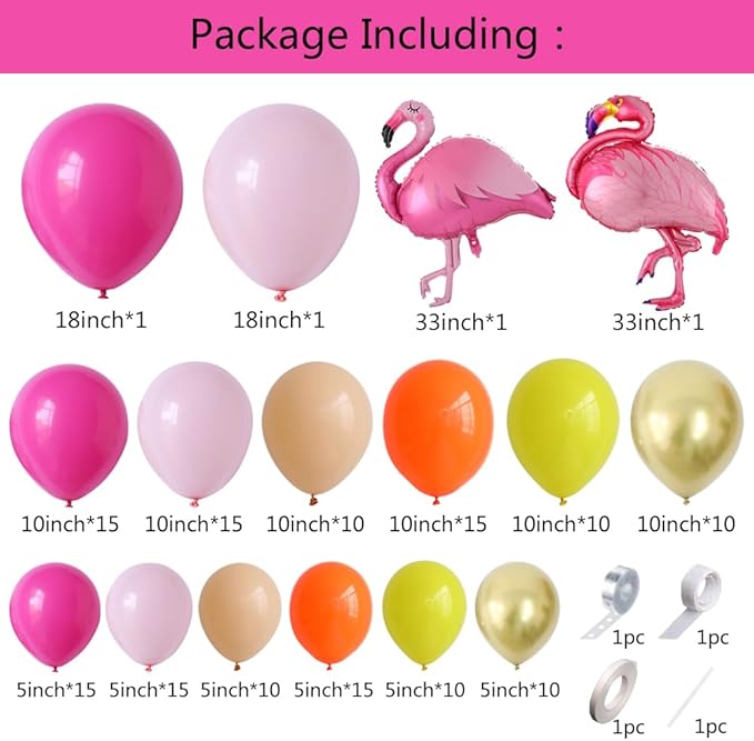Tropical Flamingo Balloons Arch Garland Kit, 159Pcs Hot Pink Yellow Orange Latex Balloons with Flamingo Foil Balloon for Hawaiian Luau Summer Beach Birthday Party Supplies