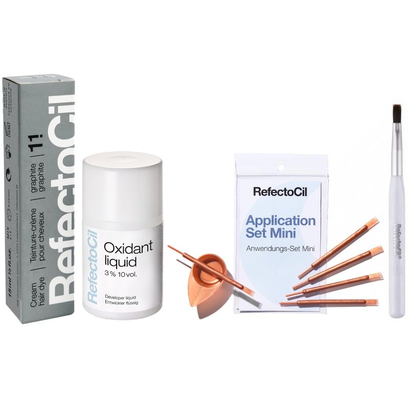 RefectoCil Graphite (#1.1) Hair Tinting Kit Includes Cream Hair Dye + Liquid Oxidant 3% + Application Set & Mixing Dish