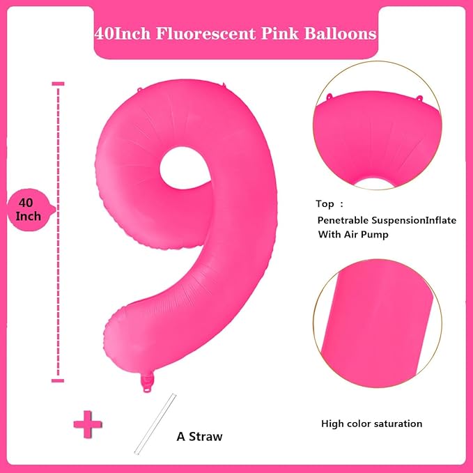 Fluorescent Rose Red Number Balloon 40 inch Giant Foil Helium Balloons Pink Number 9 Balloon for 9th Birthday Party Decorations