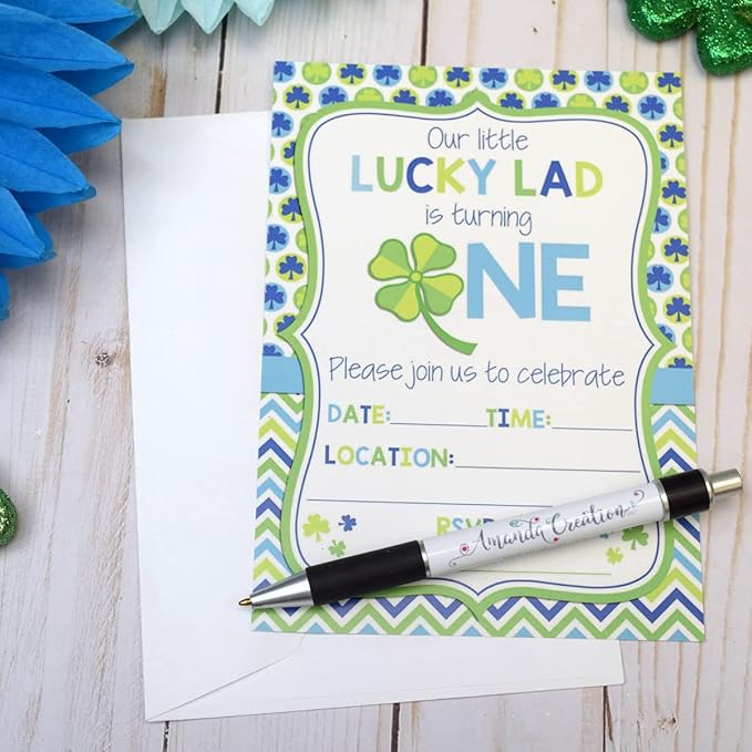 Lucky Lad First Birthday Clover St. Patrick’s Day Party Invitations for Boys, 20 5x7 Fill In Cards with Twenty White Envelopes by AmandaCreation