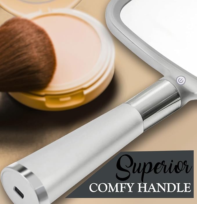 MIRRORVANA Lighted Travel Makeup Mirror - 2 in 1 Hand Mirror & Table Mirror with 3 Lighting Modes, Detachable Stand and Comfy Handle - 9" x 13" (Shiny Silver)