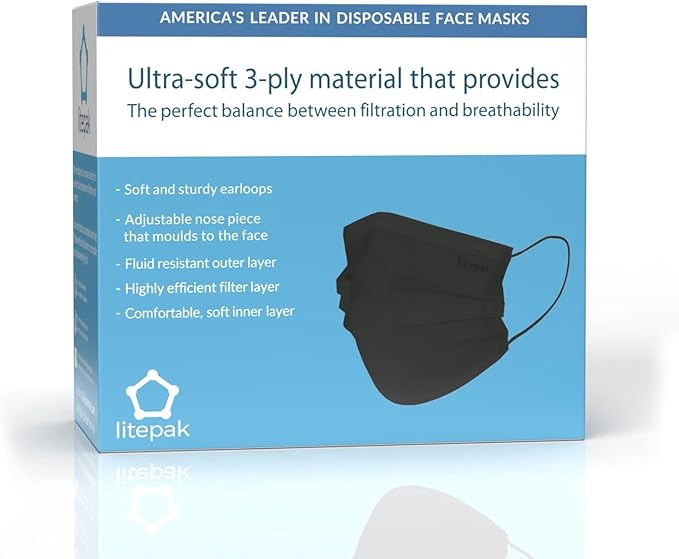 Litepak 125-Pack Disposable Face Mask Premium Comfort Earloops with Dispenser Box (Black)