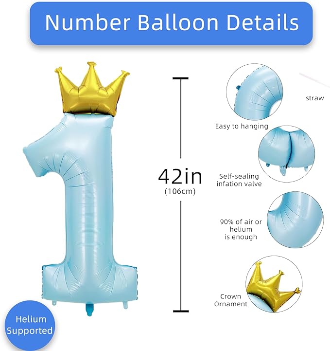 AULE 40 Inch Big Light Blue 1 Balloon Number with Crown Large Foil Helium Number Balloons 0-9 Jumbo Giant Happy 1st Birthday Party Decorations Huge Mylar Anniversary Party Supplies